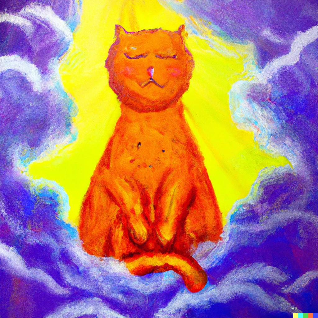 Prompt: God is an orange cat and he reveals, himself through the clouds , acrylic painting 