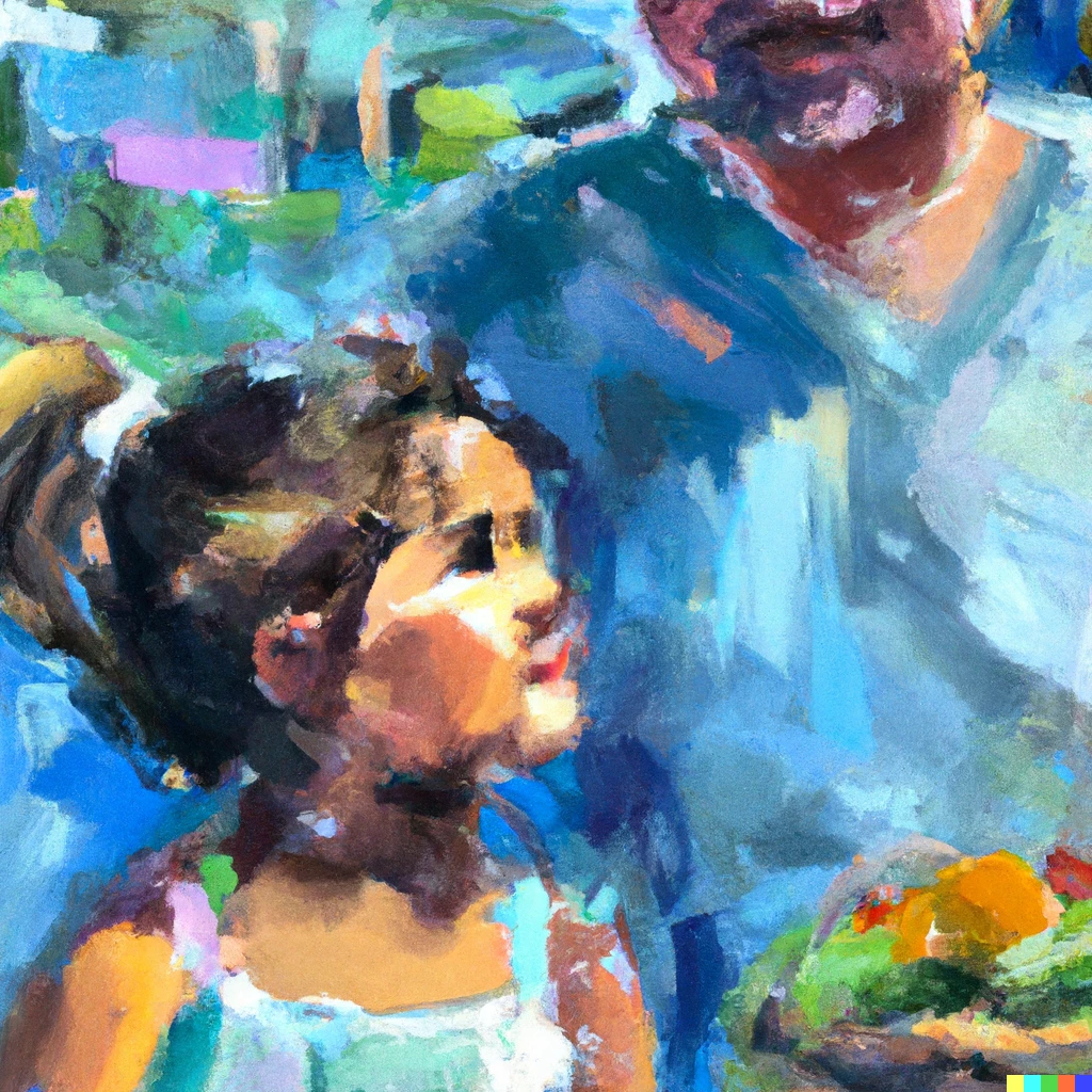 Prompt: a little girl and her mom were checking out in front of me at trader joe’s and the girl told the cashier “my dad would like you” and when he asked why she said “he’s cute. he’s handsome like you” and now everyone within earshot has a smile and also questions, oil painting 