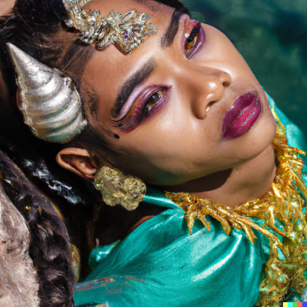 Prompt: Mermaid wearing Etruscan jewelry in Timor-Leste