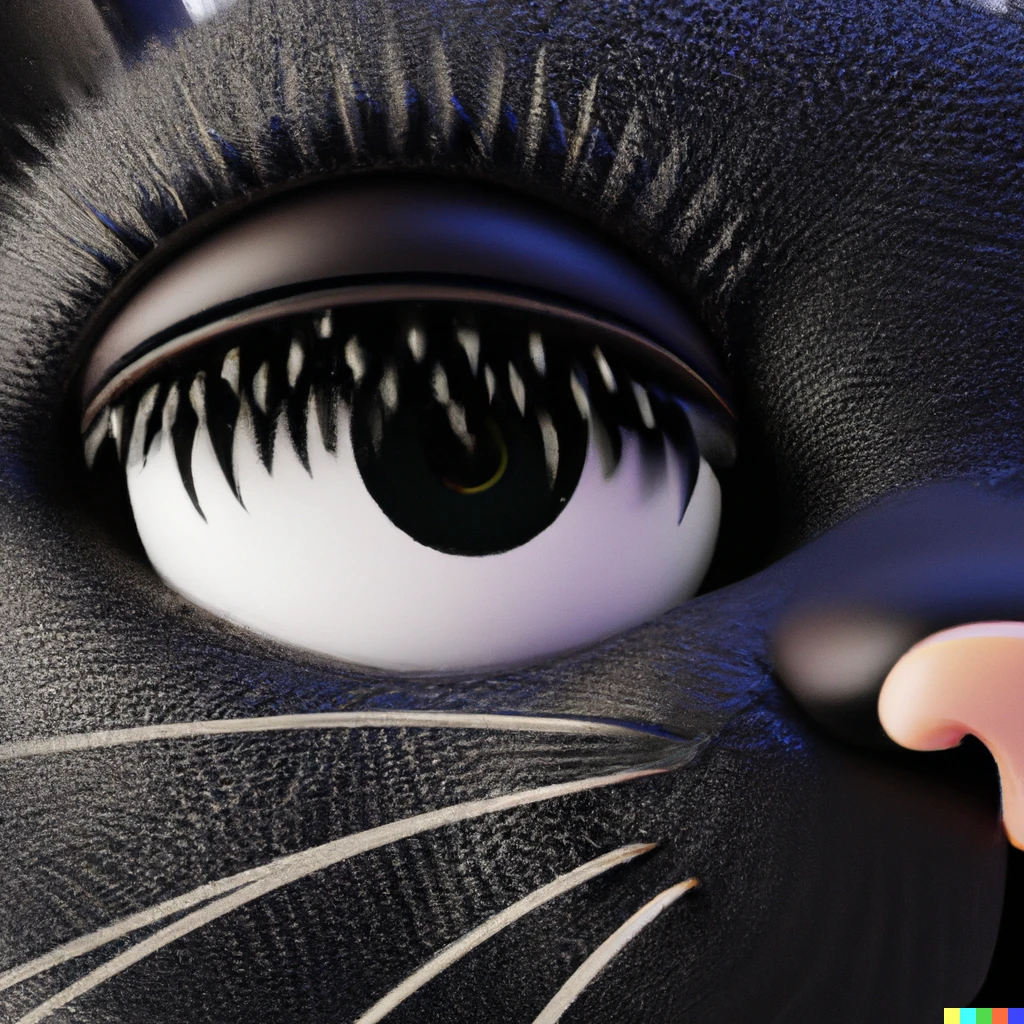 Prompt: Black cat puts on big false eyelashes, close up of a cute cat face, lots of detail, 3d render