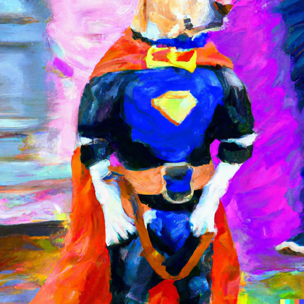 Prompt: Service dog man super hero, oil painting 