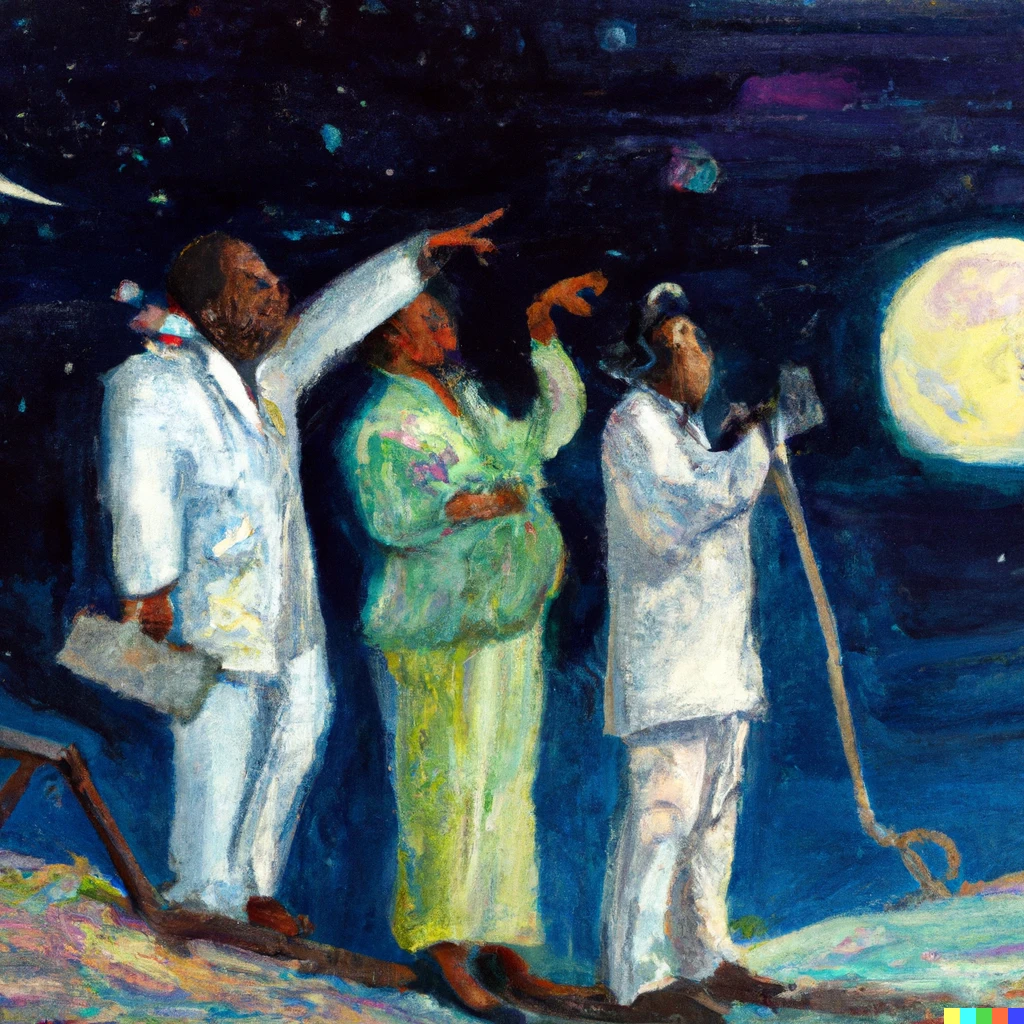 Prompt: A group of famous movie directors faking the moon landing, oil painting 
