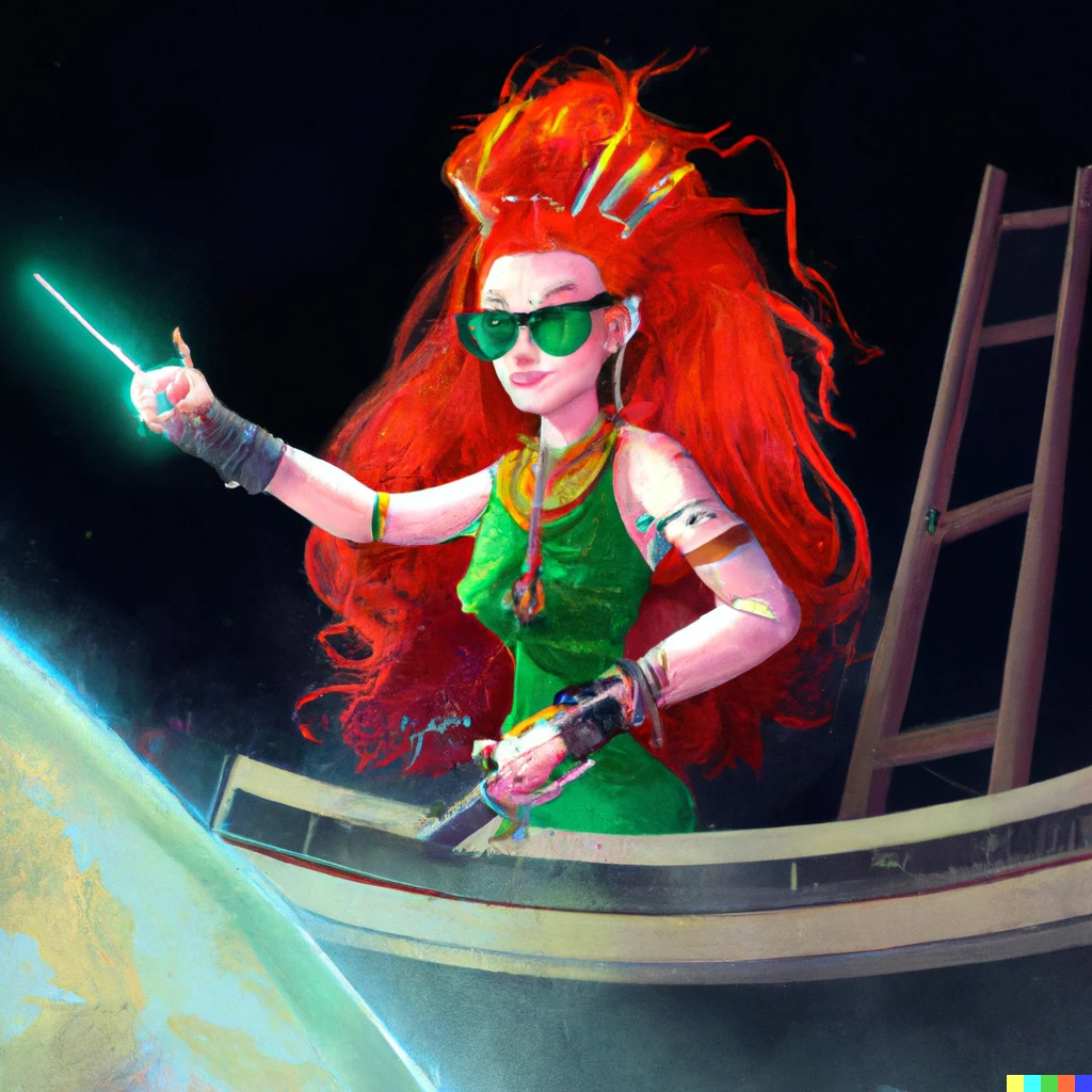 Prompt: Jewish girl with dark cherry red hair, and huge chai tiara, green glasses, controlling a giant  space laser, with earth in the background, digital art