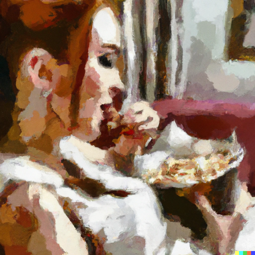 Prompt: Young woman eats popcorn from hospital bed while following poker drama, oil painting 