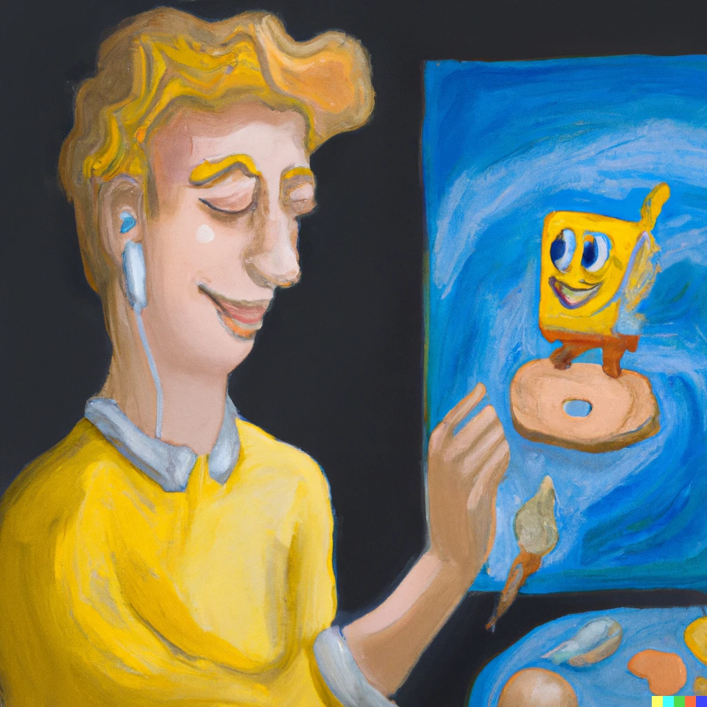 Prompt: Guy creates SpongeBob after listening to Ween, oil painting 