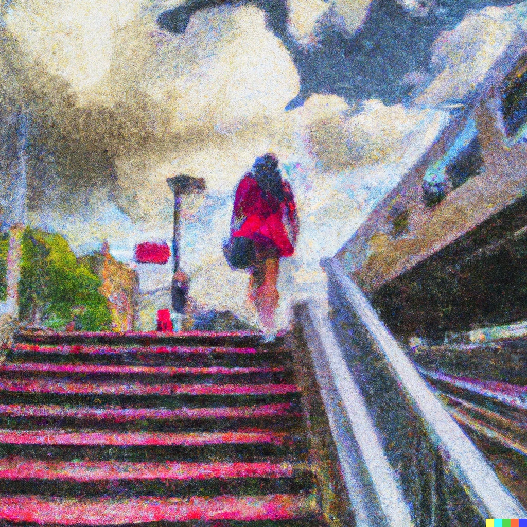 Prompt: Girl walking up stairs in red skirt that is riding up, MBTA Commuter rail steps next to mass pike, oil painting 