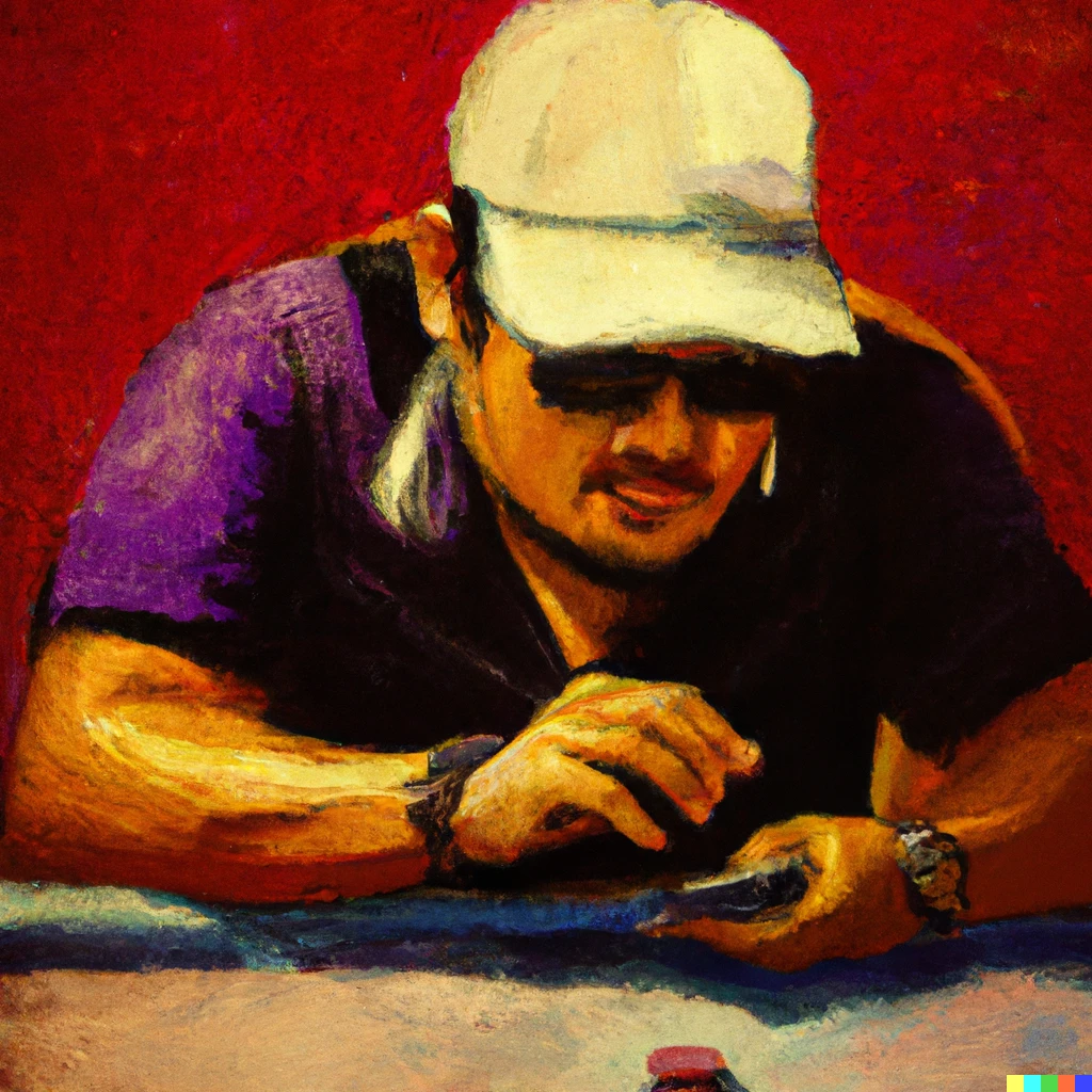 Prompt: Poker player who looks like a trucker with hat looks at his lap to cheat during poker, oil painting 