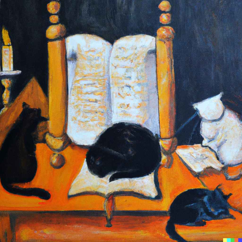 Prompt: A black cat is reading Torah, while a two fluffy white cats is are in tallits standing next to him, and an orange rabbi cat is curled up sleeping, oil painting 
