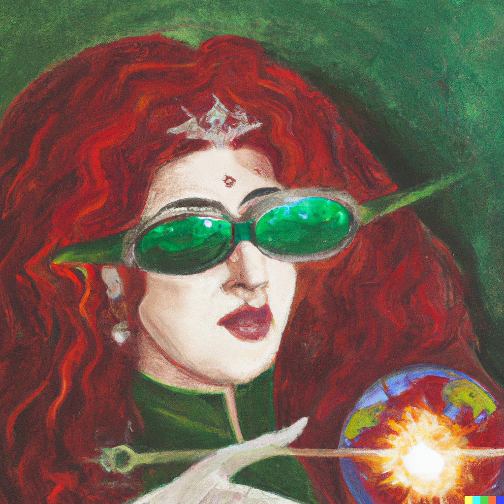 Prompt: Jewish girl with dark cherry red hair, and huge chai tiara, green glasses, controlling a giant  space laser, with earth in the background, oil paintings 