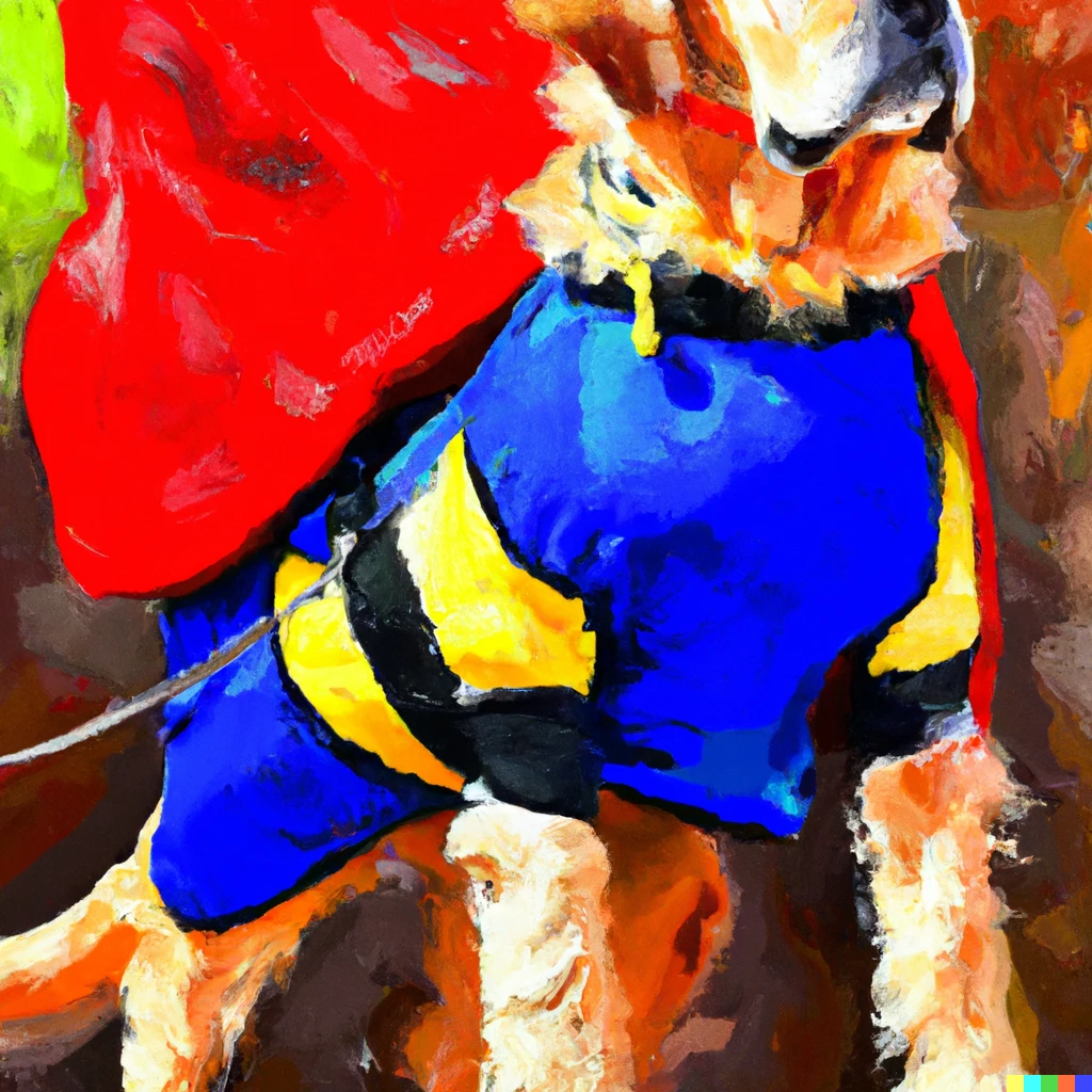 Prompt: Service dog man super hero, oil painting 