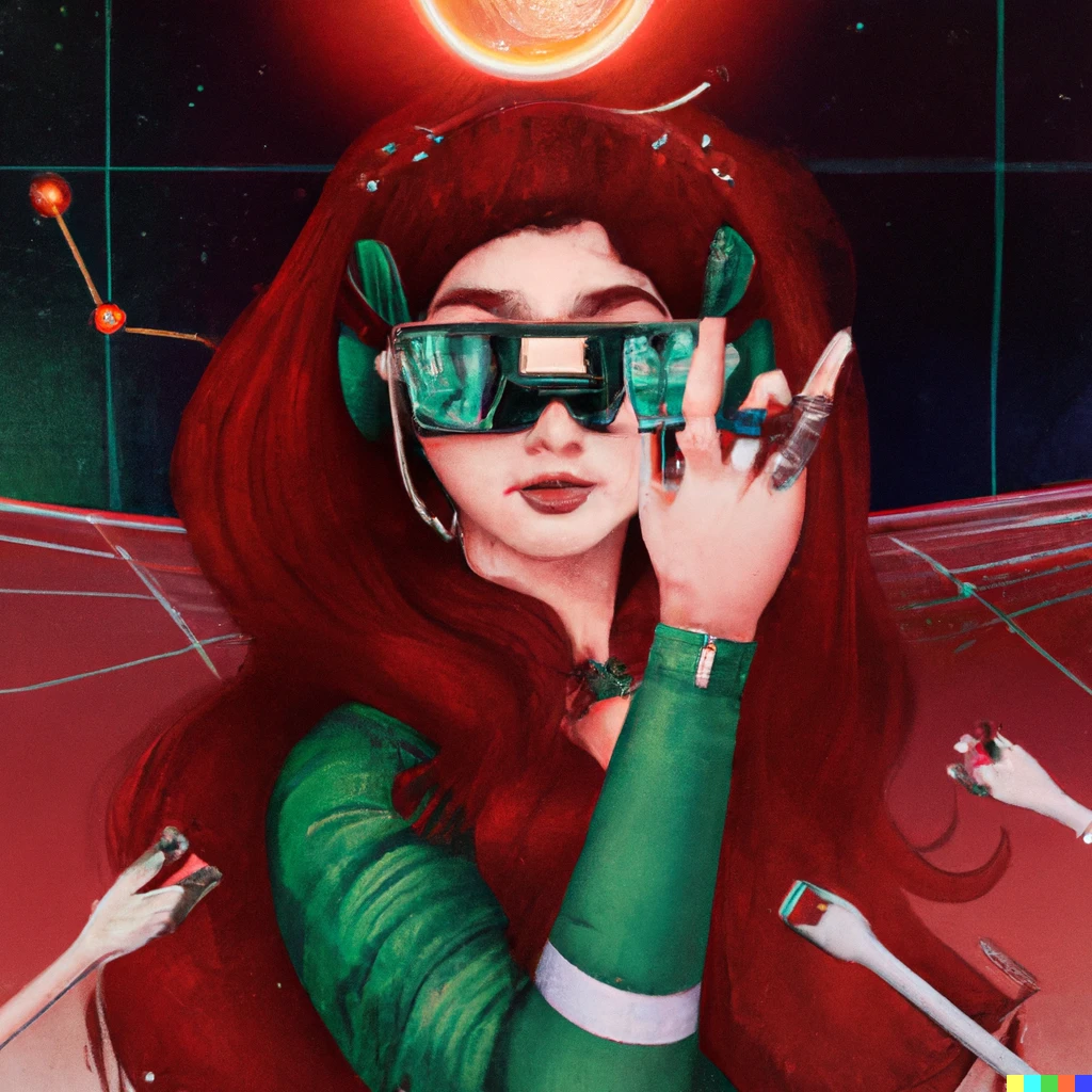 Prompt: Jewish girl with dark cherry red hair, and chai tiara, green glasses, controlling a giant  space laser, with earth in the background, digital art