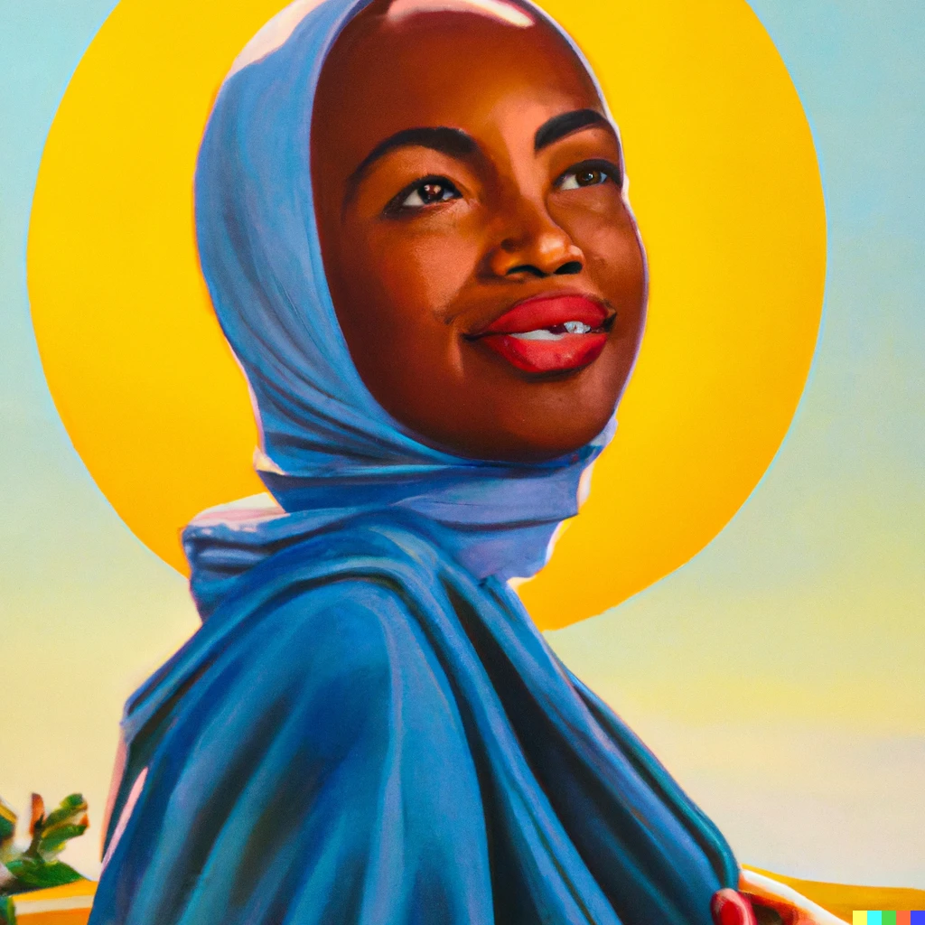 Prompt: Kadir Nelson painting of a black woman in a headscarf smiling in the sunshine