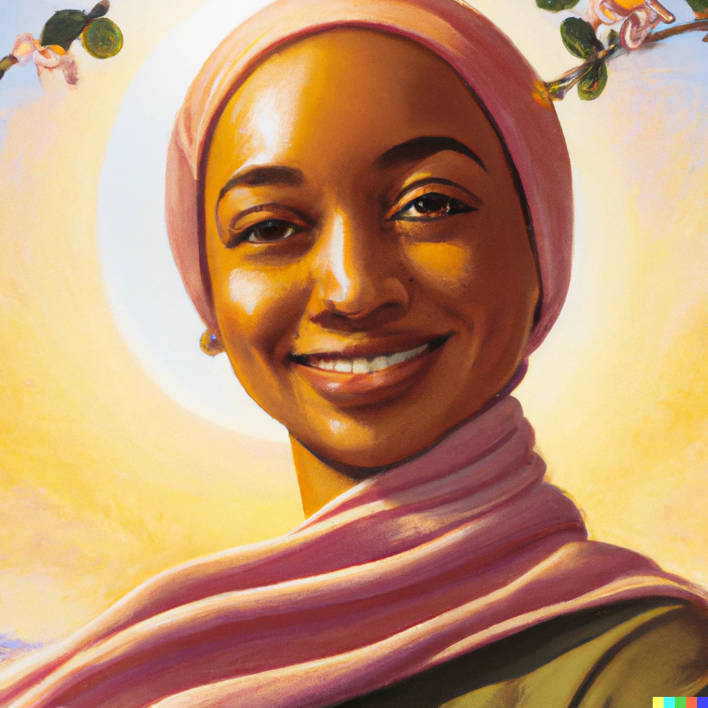 Prompt: Kadir Nelson painting of a black woman in a headscarf smiling in the sunshine