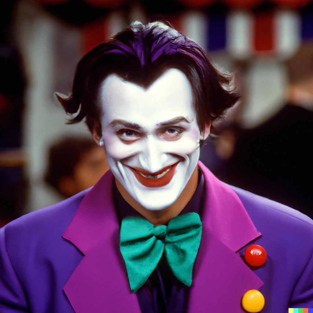 Prompt: Robin Williams as The Joker in 1989 photos
