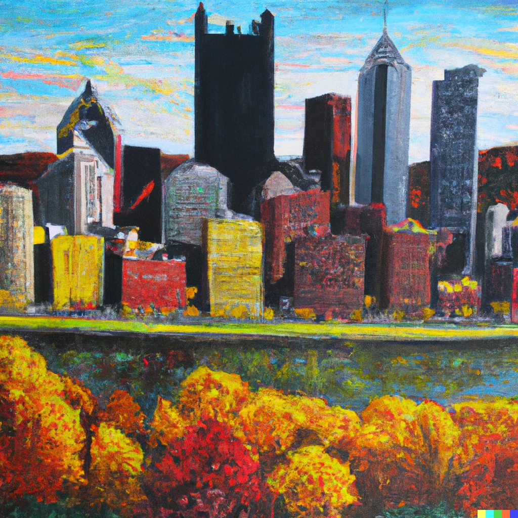 Prompt: Surat painting of downtown Pittsburgh in the fall