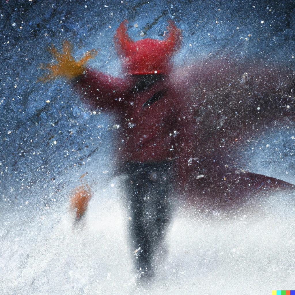 Prompt: A red shapeshifting monster attacking a person during a snowstorm 