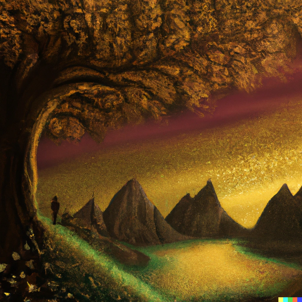 Prompt: A fantasy world where no one has to worry about anything, with a big beautiful golden tree in the background. Digital Art