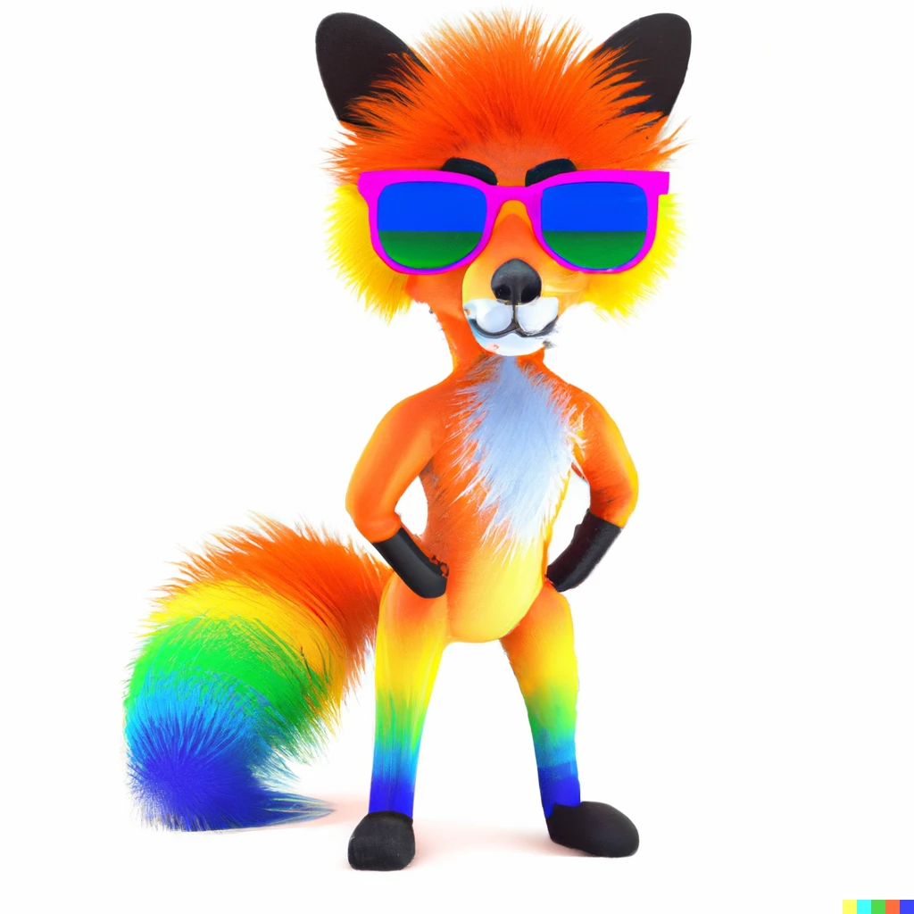 Prompt: 3d render of a fox with rainbow striped fur wearing sunglasses and a mohawk