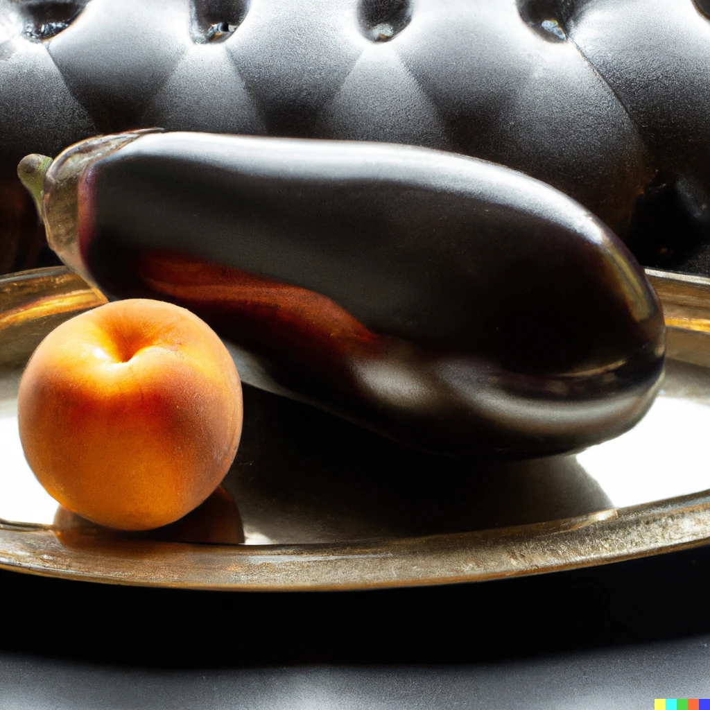Prompt: A Large Eggplant and A Peach on a silver platter on top of a black leather couch in brightly lit photography studio