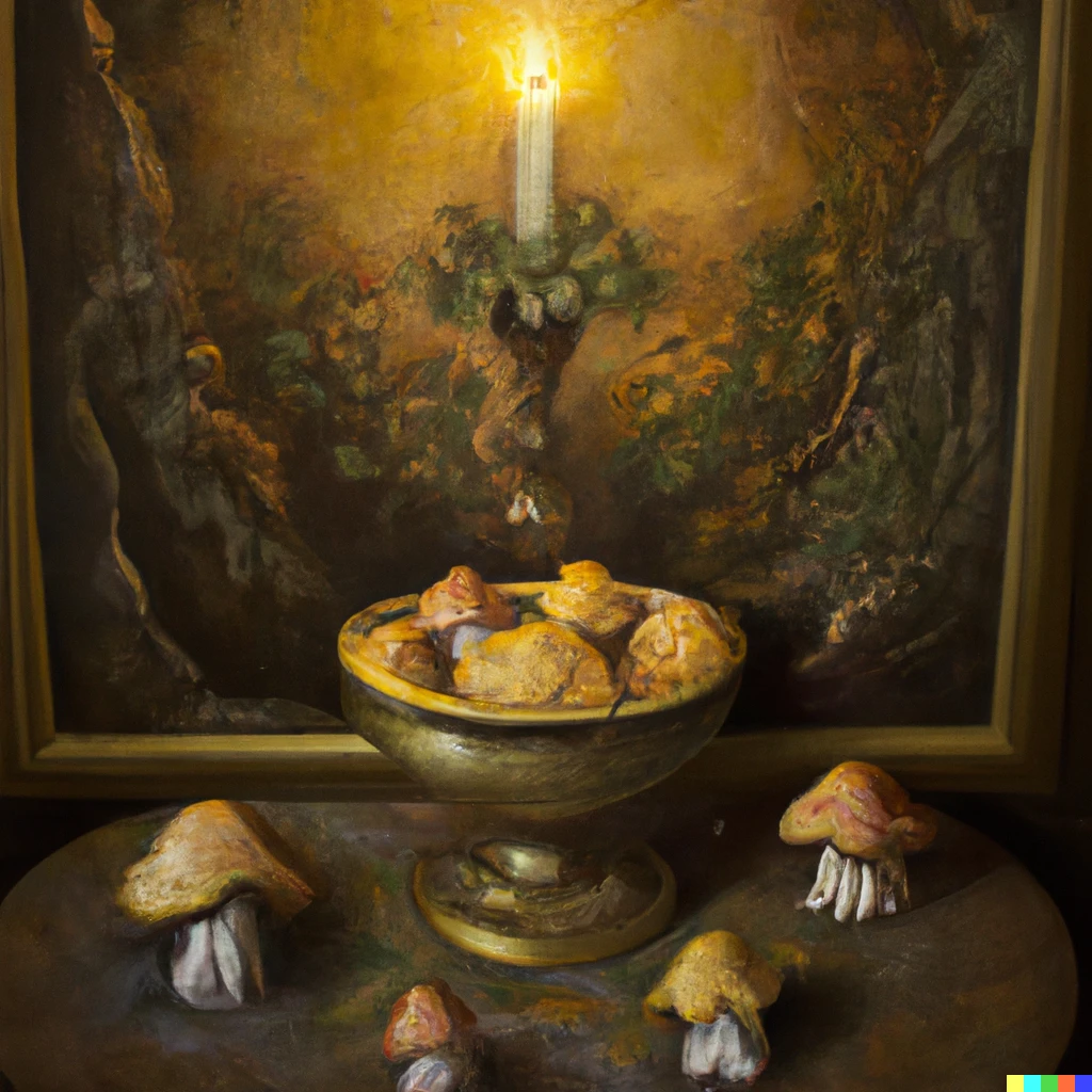 Prompt: A Baroque Oil Painting of mushrooms in a golden chalice, on top of a granite table, inside a candle lit room