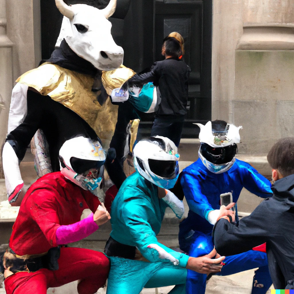 Prompt: 3 Power Rangers taking selfies with the wall street bull, Photograph of the year