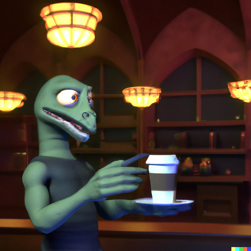 Prompt: A Pixar 3D render of a Xenomorph Ordering coffee in a Gothic Starbucks Cafe