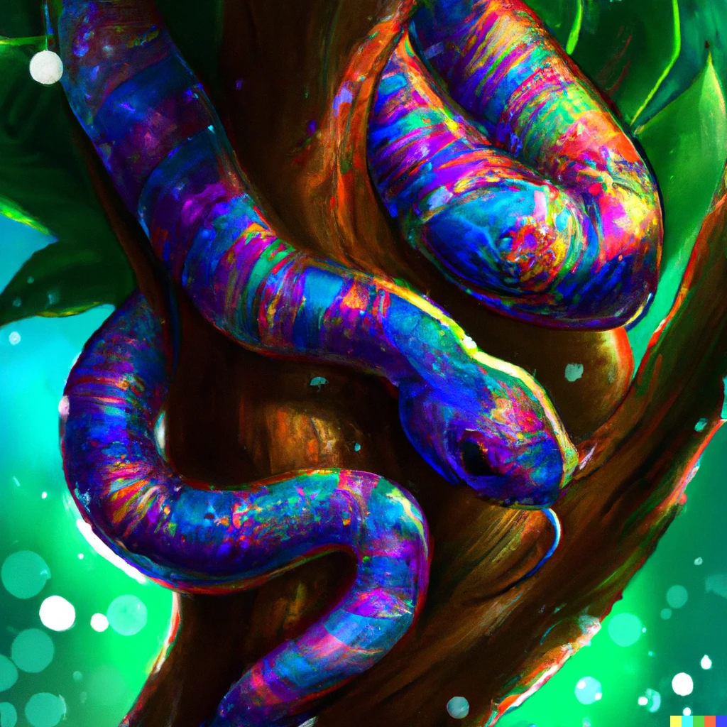 Prompt: Rainbow colored Snake in a tree, digital art