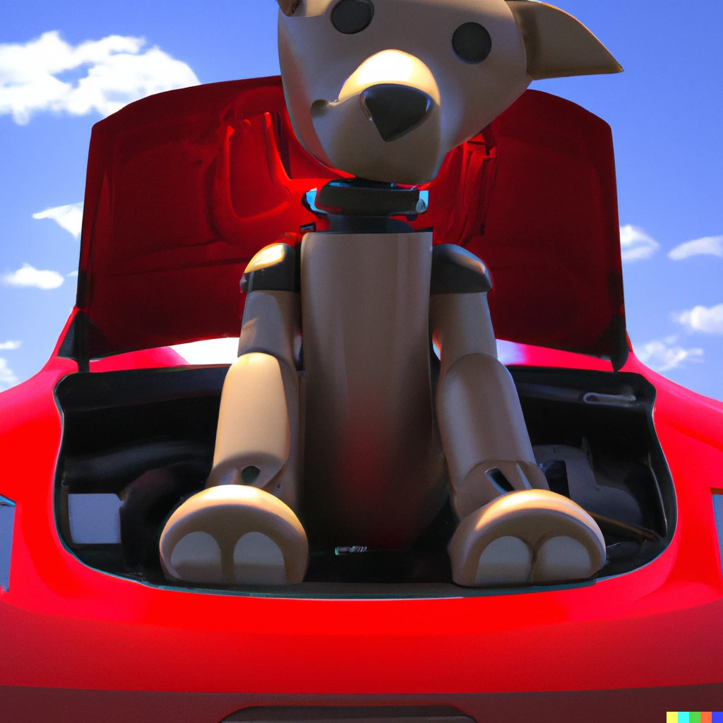 Prompt: A robot puppy sitting in the frunk of a red tesla