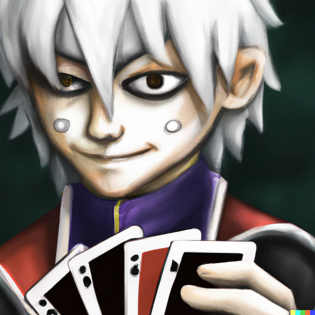Prompt: A Danganronpa character playing cards in oil painting syle