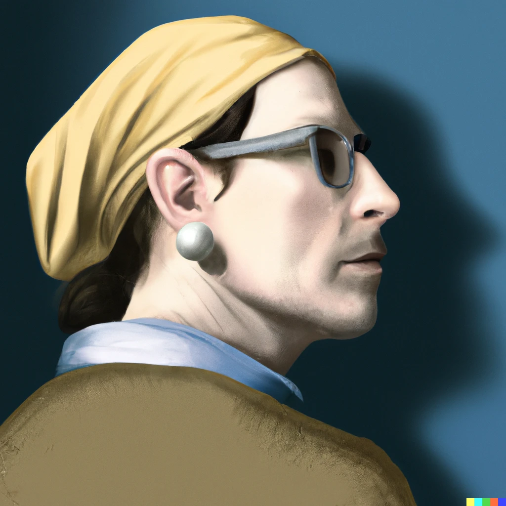 Prompt: Hipster with a pearl earring, by Vermeer