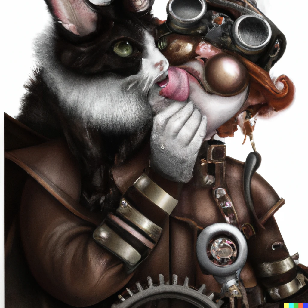 Prompt: Steampunk cat licking a furry cat
