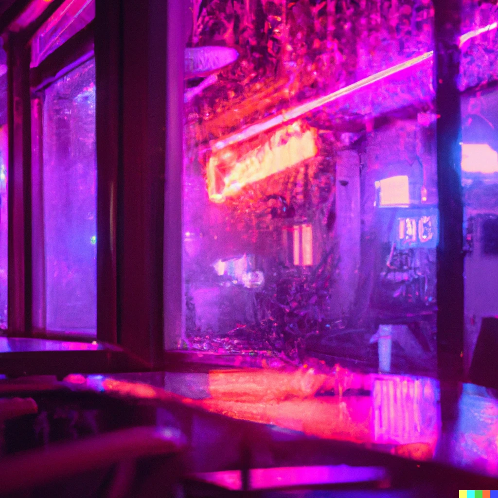 Prompt: a synthwave style indoor cafe with neon lights and a rainy night