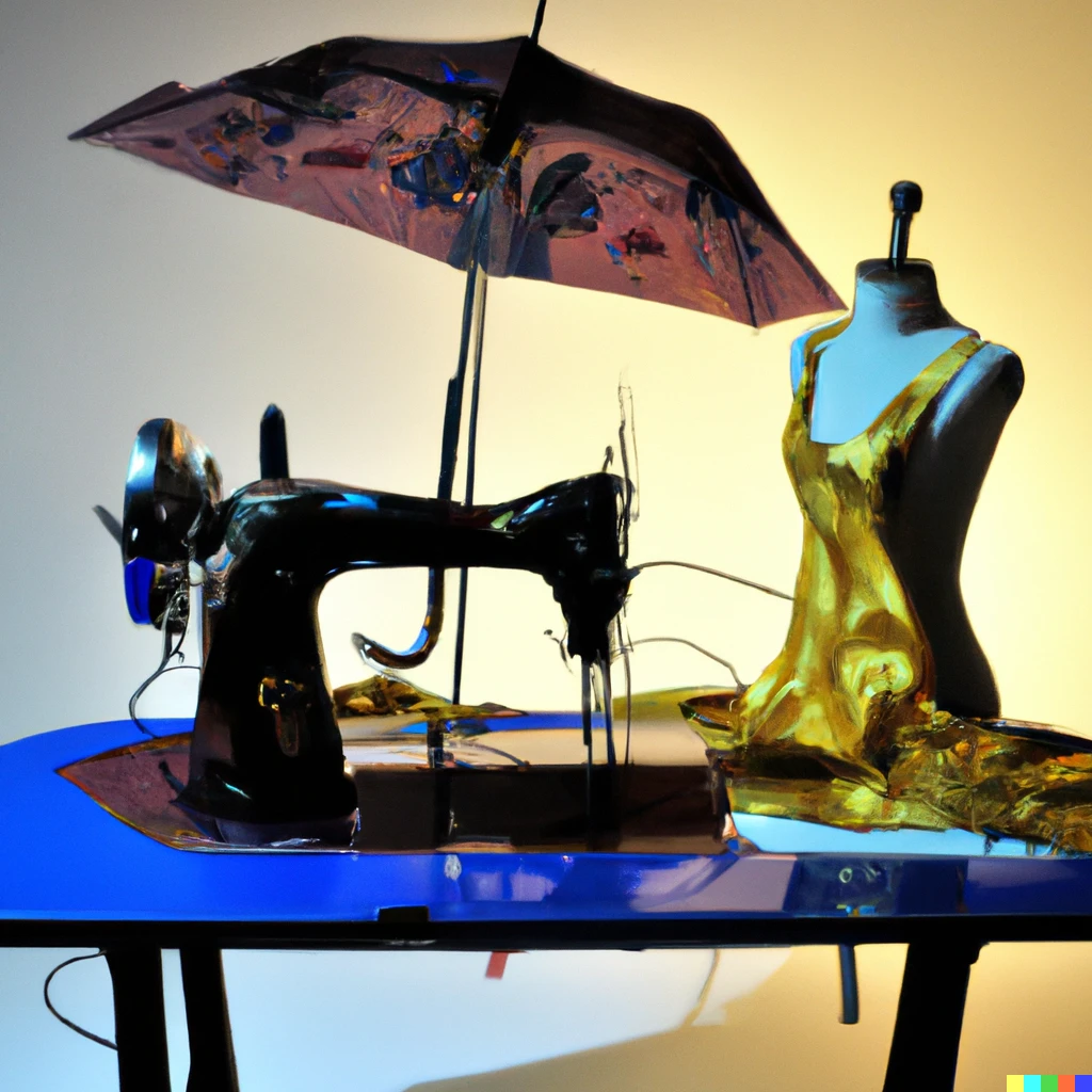 Prompt: A chance encounter, on a dissecting table, of a sewing machine and an umbrella as a painting in the style of Salvador Dalí