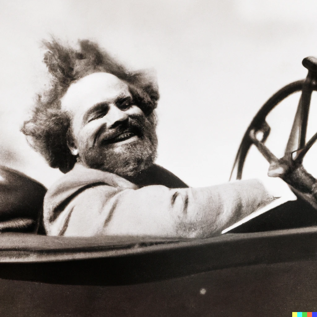 Prompt: 1890s photograph of Karl Marx smiling riding in a top-down convertible