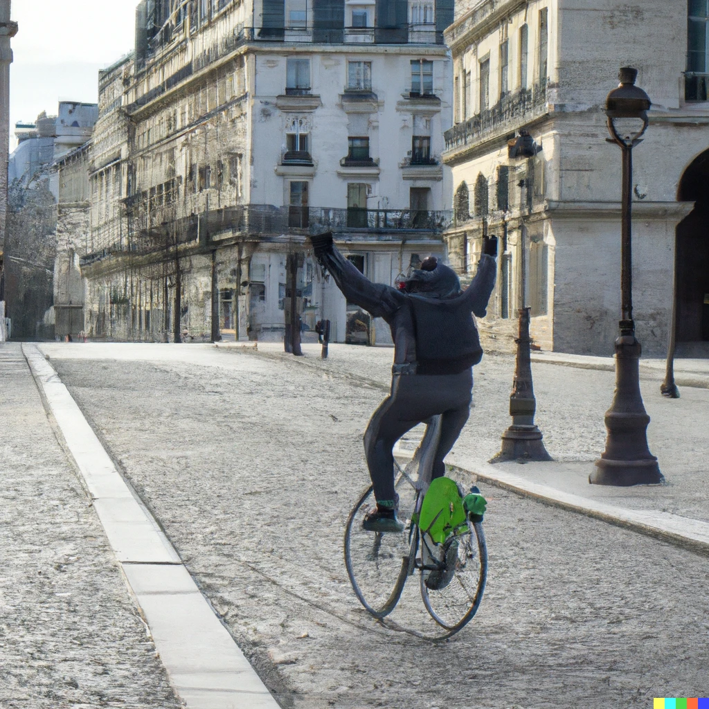 Prompt: un cycliste heureux dans Paris