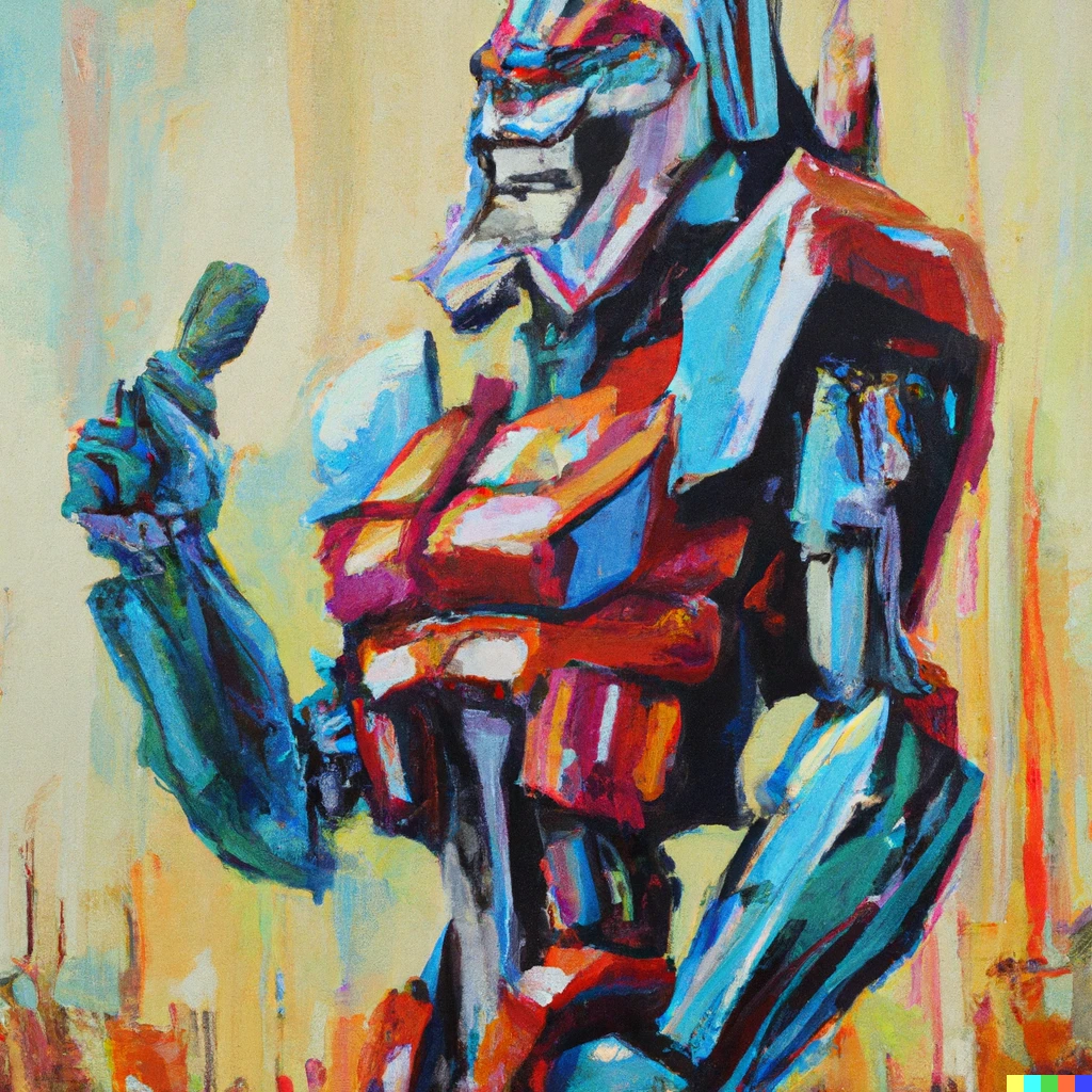 Prompt: Oil painting, Optimus Prime performing stand-up comedy