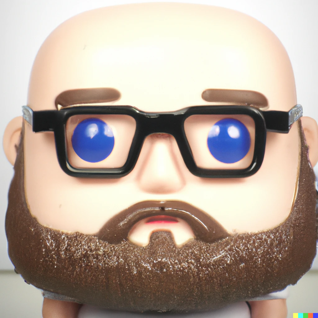 Prompt: "white chubby bald man with bushy beard, blue eyes, and glasses" funko pop