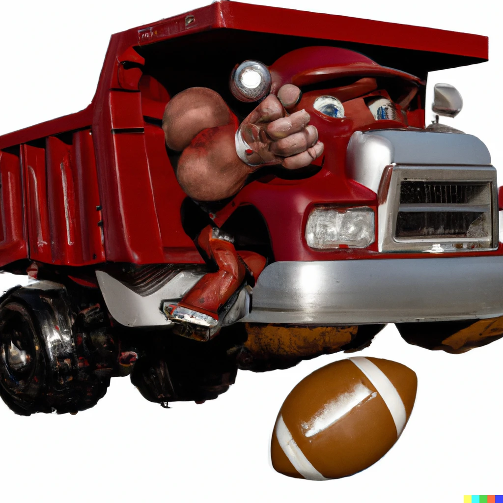 Prompt: Dump truck playing American football, extremely detailed