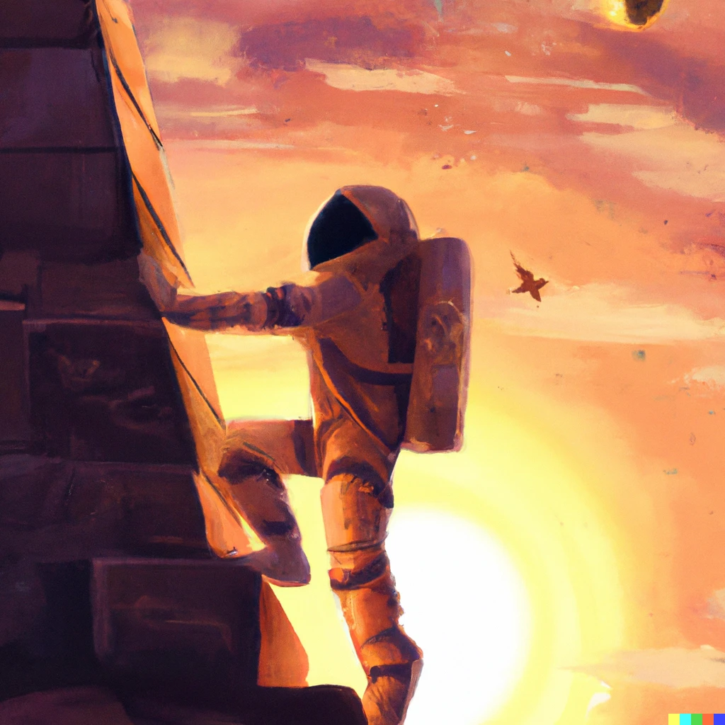 Prompt: an astronaut climbing a pyramid on a sunset, digital art