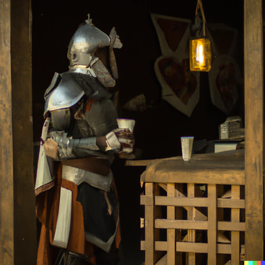 Prompt: Post apocalyptic medieval knight in a coffee stand