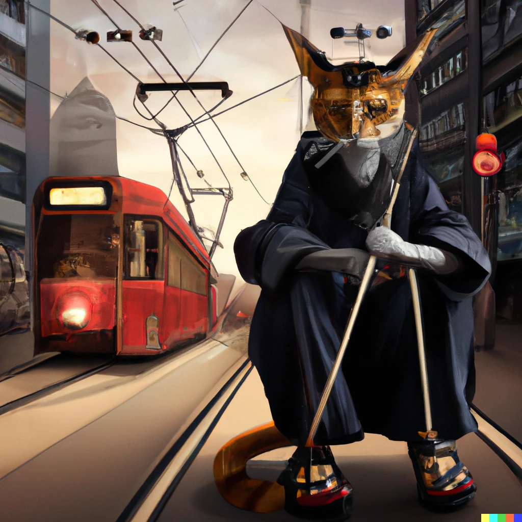 Prompt: A cat samurai waiting to board a tram in London, digital art