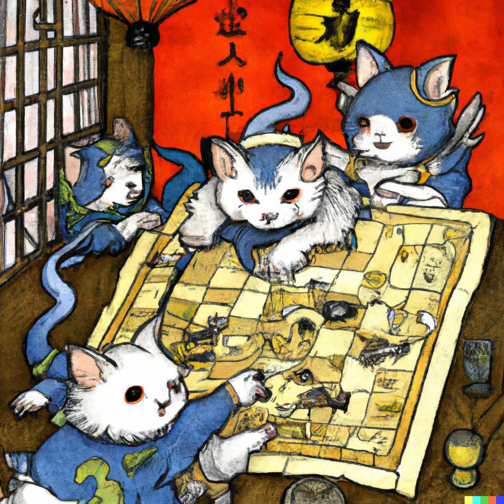 Prompt: Kittens playing dungeons and dragons in ukiyo-e style