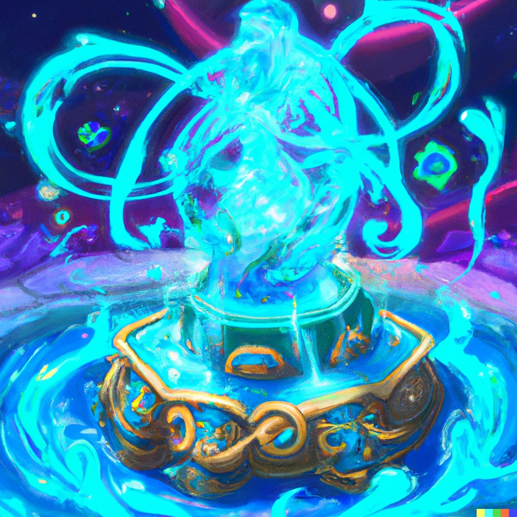 Prompt: Dragalia Lost Water Fountain with energy motes drifting around it Digital Art