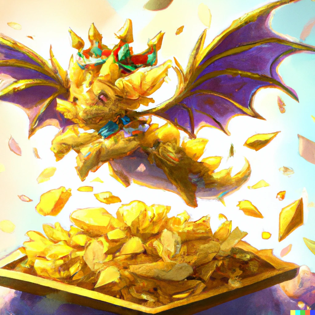 Prompt: Dragalia Lost tiny dragon hovering with its tiny wings over treasure while wearing a large  golden crown, Digital Art
