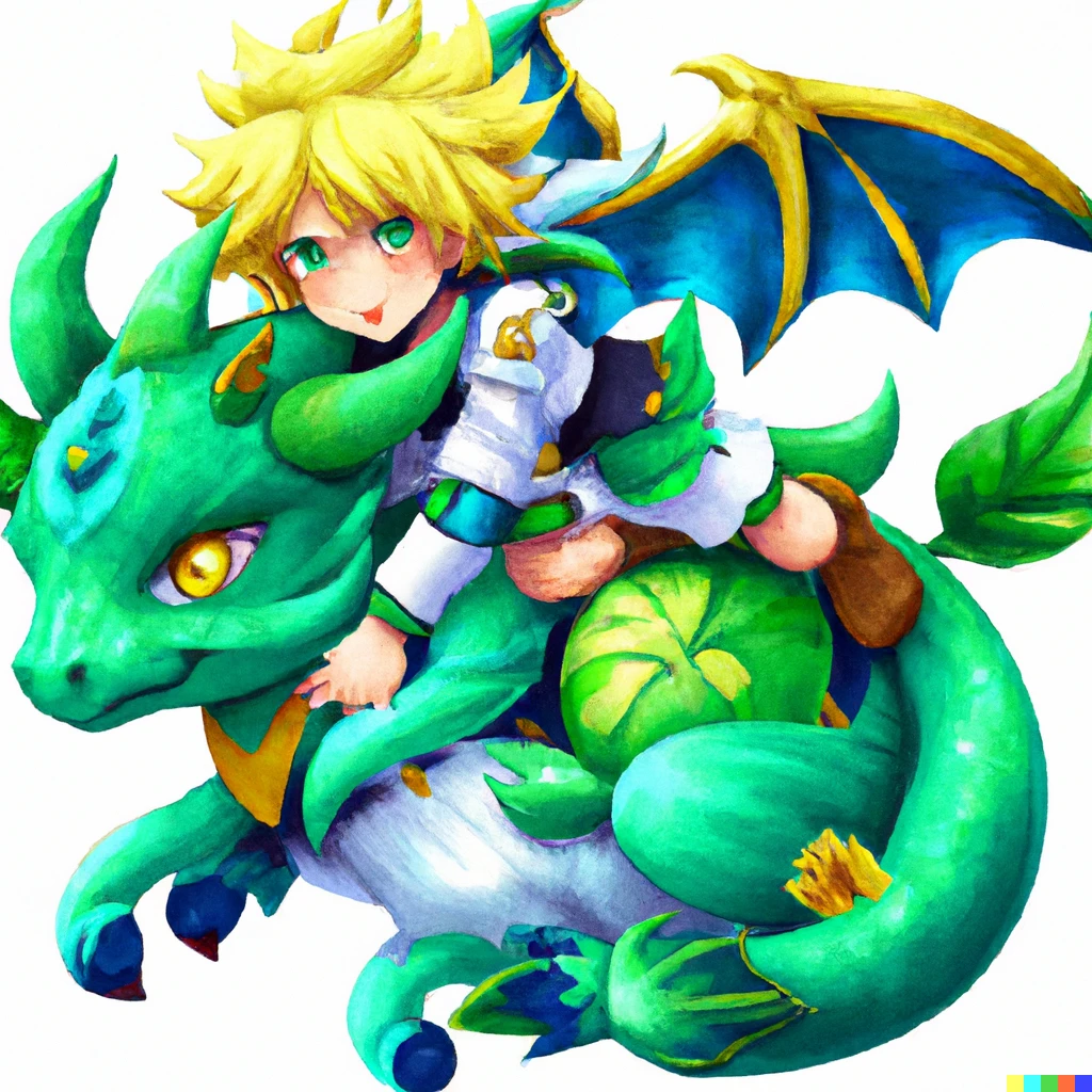 Prompt: Euden from Dragalia Lost riding a green dragon