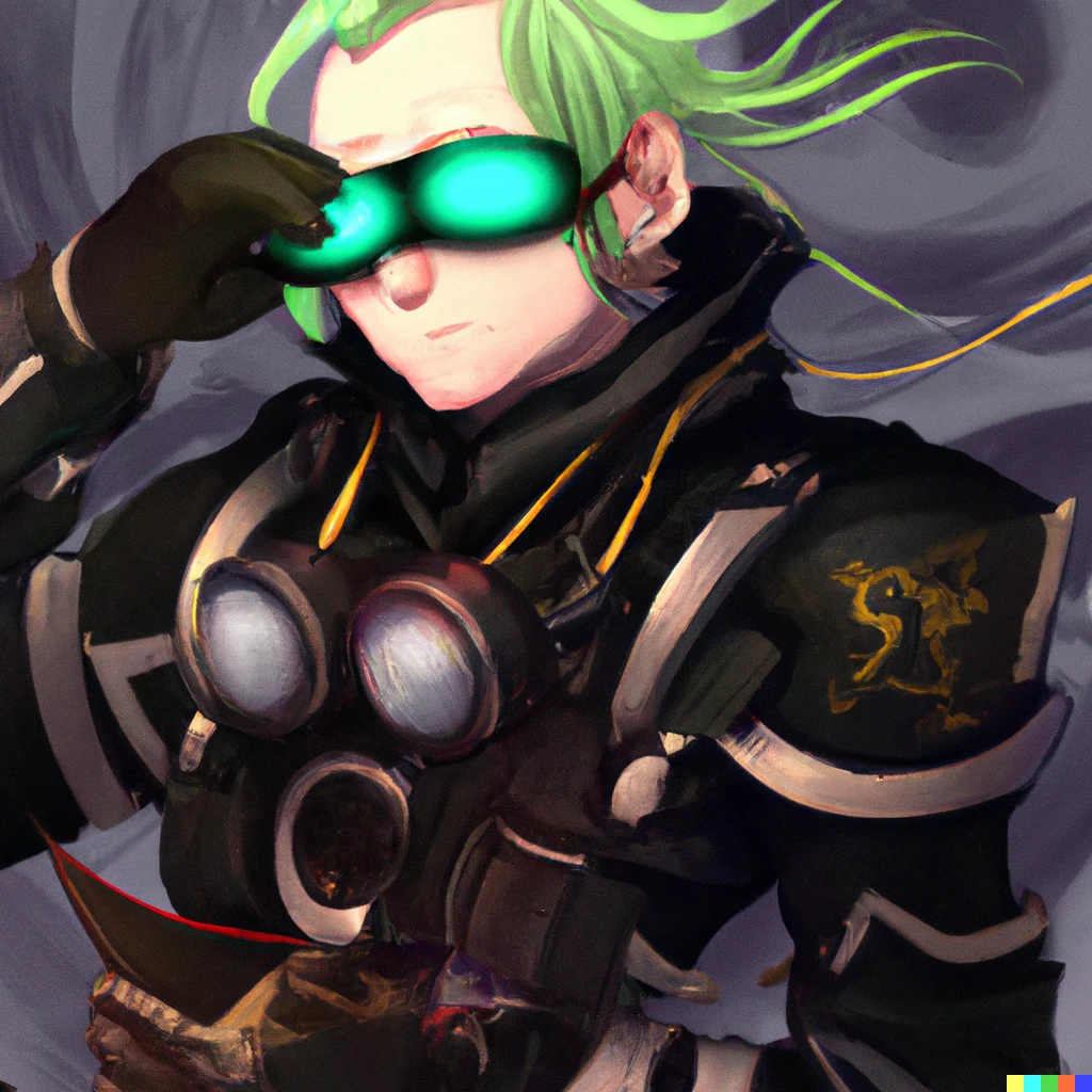 Prompt: Dragalia Lost man with green hair and receding hairline dressed in black military attire with a device covering his left eye, Digital Art