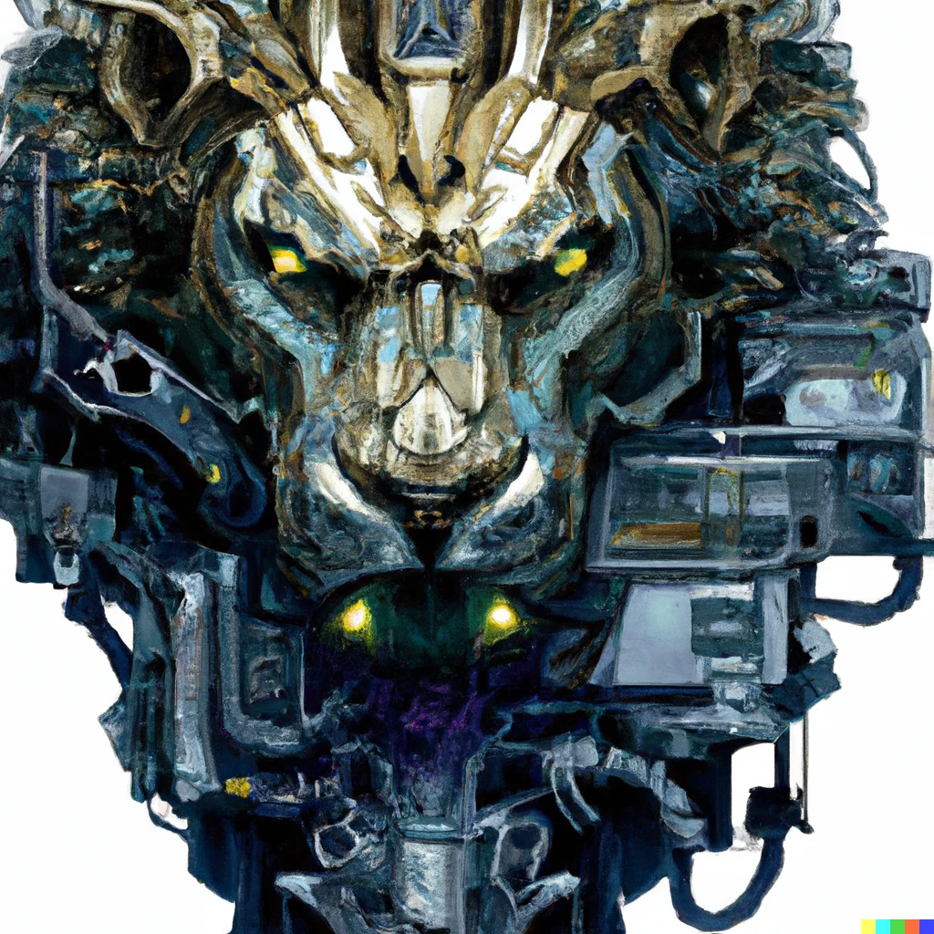 Prompt: a picture of pacific rim style key visual of detailed bionic cyborg lion