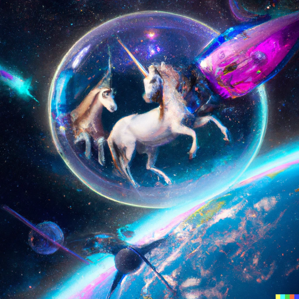 Prompt: Sentient unicorns and friendly drones living peacefully in a Dyson Sphere, realistic digital art