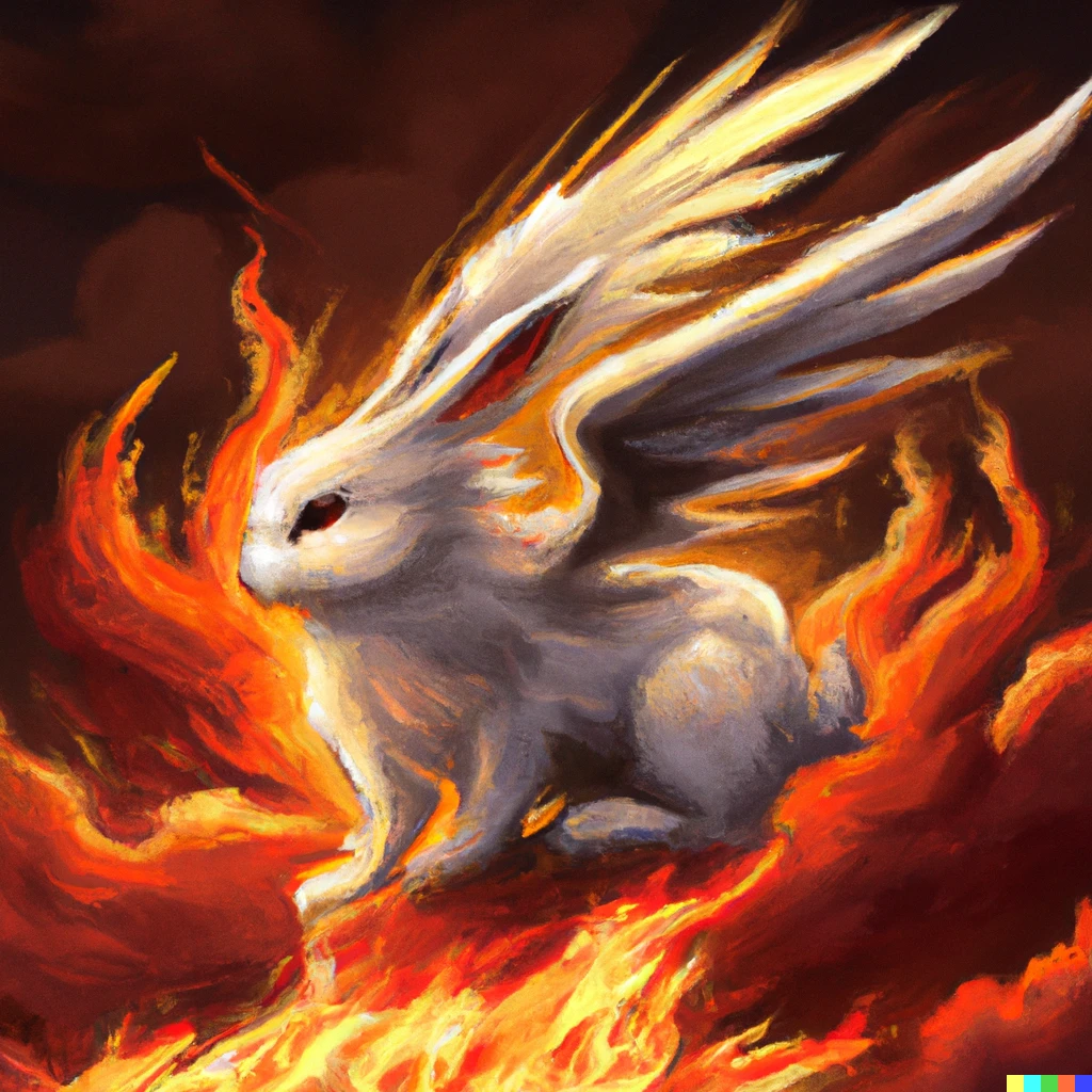 Prompt: a white bunny rabbit riding on a phoenix rising from the flames, digital art