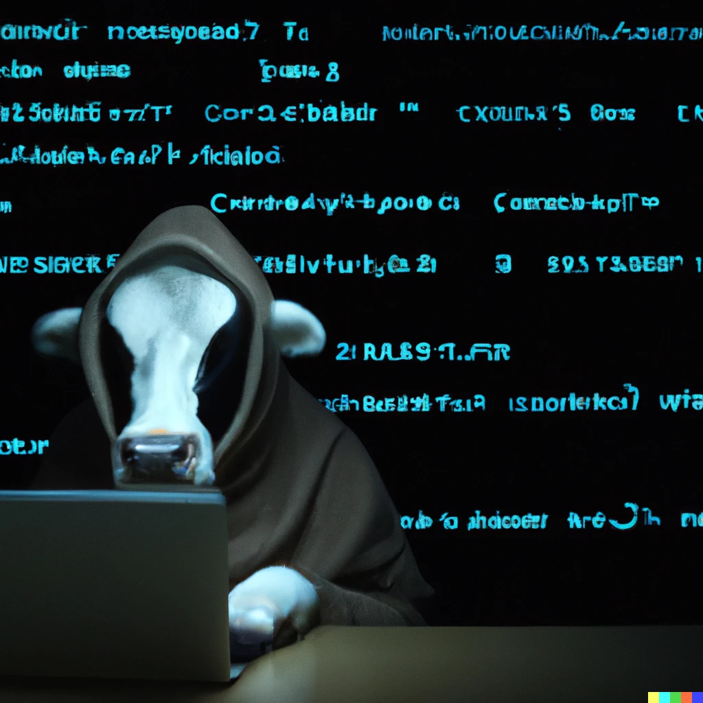 Prompt: A cow wearing a hoodie writing code in a dark room 
